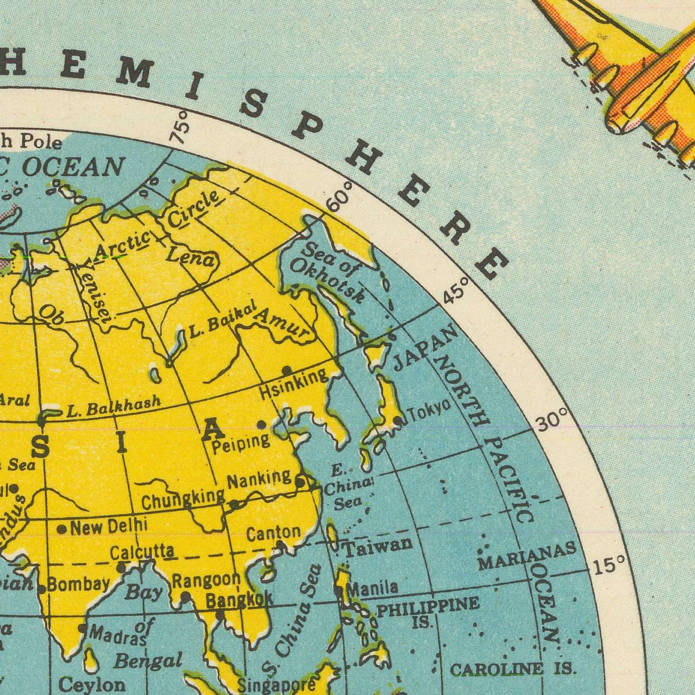 Old Airline Great Circles World Map by Hammond, 1938: Polar Projection "Air Age" Poster
