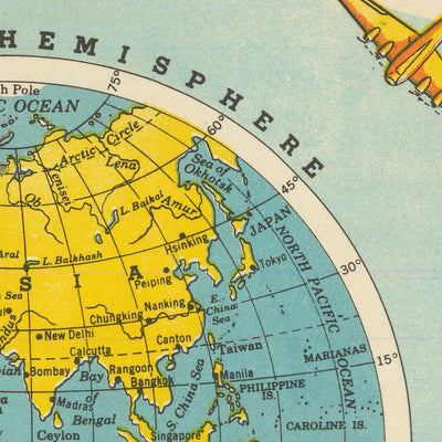 Old Airline Great Circles World Map by Hammond, 1938: Polar Projection "Air Age" Poster