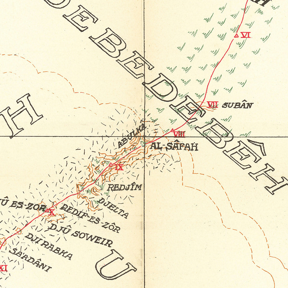 Mapa del Viajero Alemán de Arabia por Raunkiaer, 1912: Riad, Kuwait, Golfo Pérsico, Rutas de Caravanas, Desiertos 