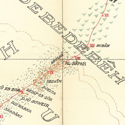 Mapa del Viajero Alemán de Arabia por Raunkiaer, 1912: Riad, Kuwait, Golfo Pérsico, Rutas de Caravanas, Desiertos 