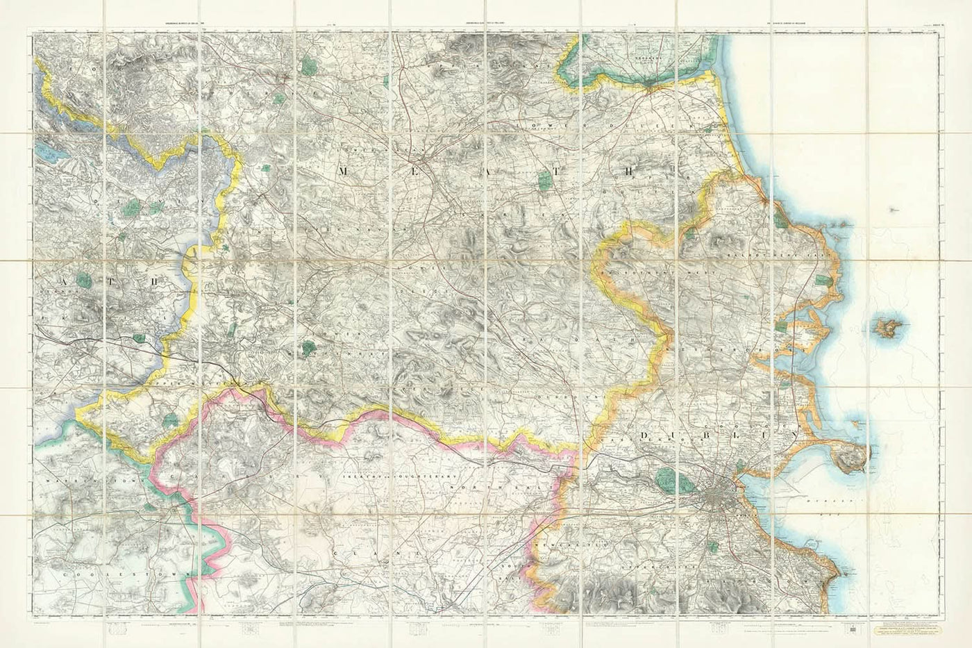 Gran Mapa Antiguo de Dublín y sus Suburbios, 1868: Meath, Clane, Rathdown, Drogheda 