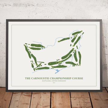 A framed image of The Carnoustie Championship Course in the style of a simple and modern golf course map