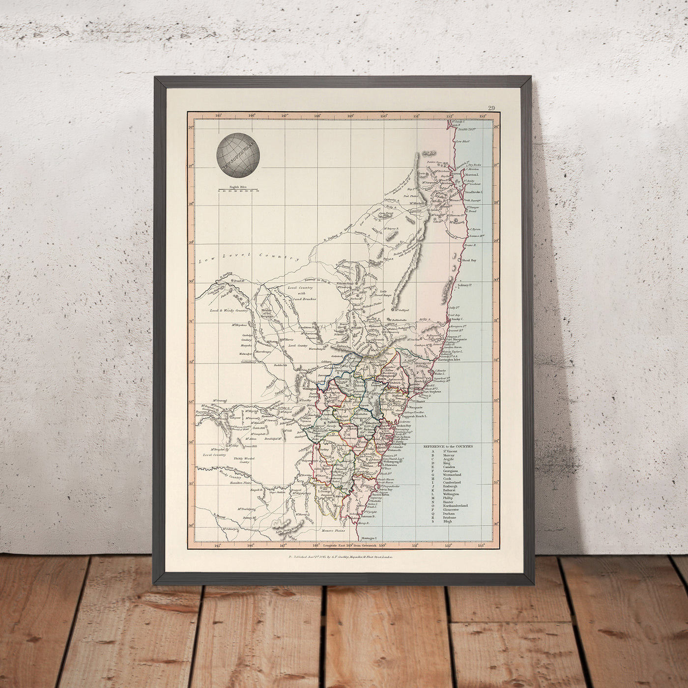 Old Map of New South Wales by Arrowsmith, 1845: Sydney, Newcastle, Rivers, Roads, Counties
