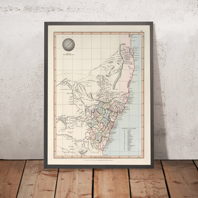 Old Map of New South Wales by Arrowsmith, 1845: Sydney, Newcastle, Rivers, Roads, Counties