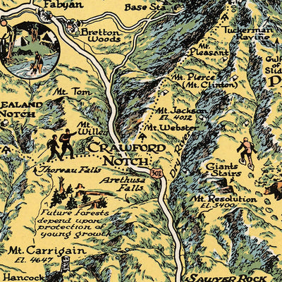 Ancienne carte picturale de la forêt nationale des White Mountains, 1930 : Mont Cannon, sentier des Appalaches, Franconia Notch, Mont Washington, Conway 