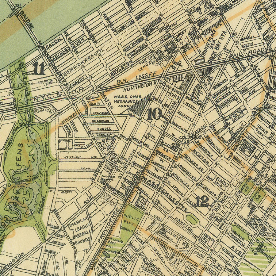 Grande mappa stradale antica di Boston di Walker, 1905: Boston Common, Harvard, fiume Charles, Back Bay 