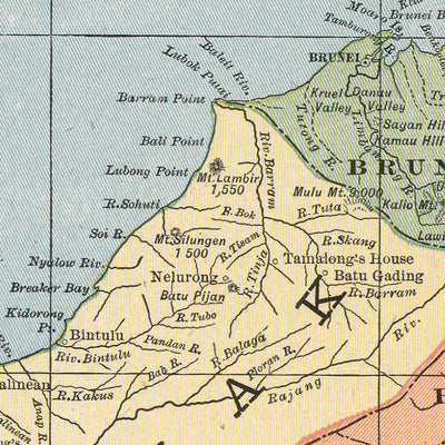 Old Colonial Map of Borneo by Cram, 1901: British North Borneo, Sarawak, Dutch Borders, Kuching, Sandakan
