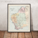 Ancienne carte de l'Australie-Occidentale et de l'Outback par Edward Stanford, 1904 : Perth, chemins de fer, routes des explorateurs, désert de Grande Victoria 