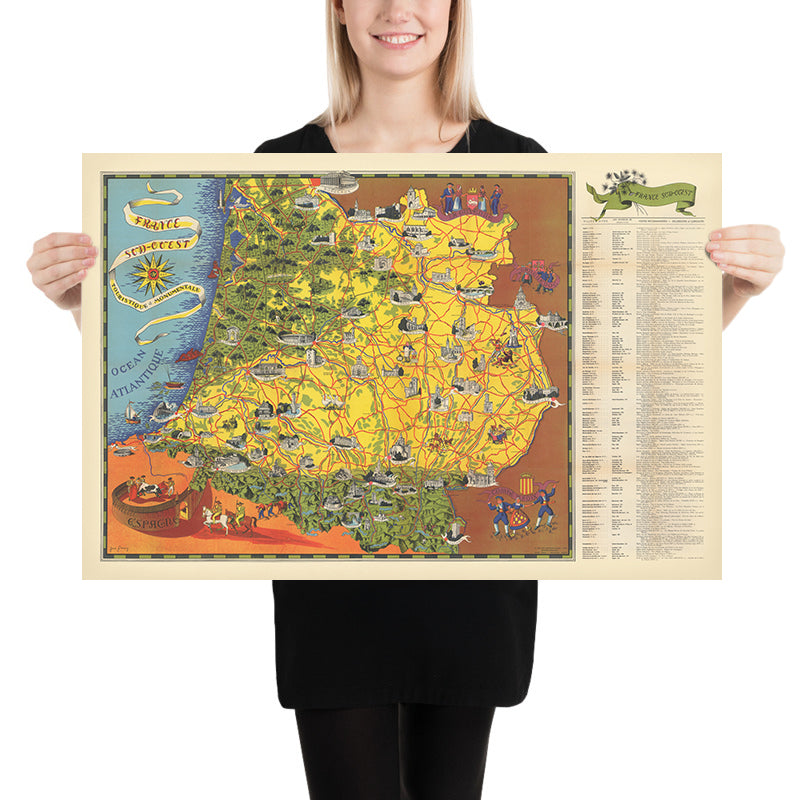 Mappa Pittorica del Sud-Ovest della Francia di Flornoy Jean, 1950: Tolosa, Bordeaux, Pirenei, Fiume Garonna, Cammino di Santiago 