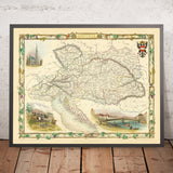 Old Map of Austria by Tallis, 1851: Vienna, Alps, Danube River, Salzburg, Prague