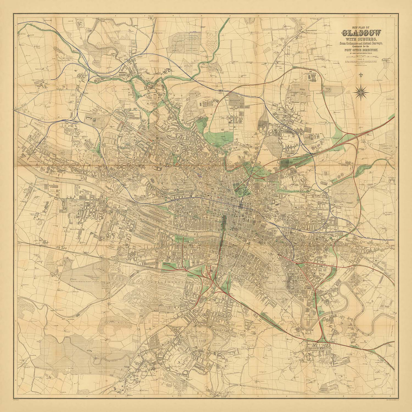Große Karte von Glasgow von Bartholomew, 1903: Eisenbahnen, Fluss Clyde, Parks 