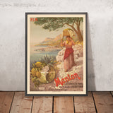 Cartel de viaje de Menton: PLM Menton—17½ horas desde París, 11 minutos desde Montecarlo, de Frédéric Hugo d’Alesi, 1898 