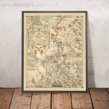 Antiguo mapa pictórico de Penobscot Bay, Maine, de Phillips 1940: Bangor, Camden, Belfast, Blue Hill, US 1 