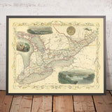 Mappa antica del 'Canada Occidentale' di Tallis, 1851: Toronto, Cascate del Niagara, Lago Erie, Kingston, Vignette 