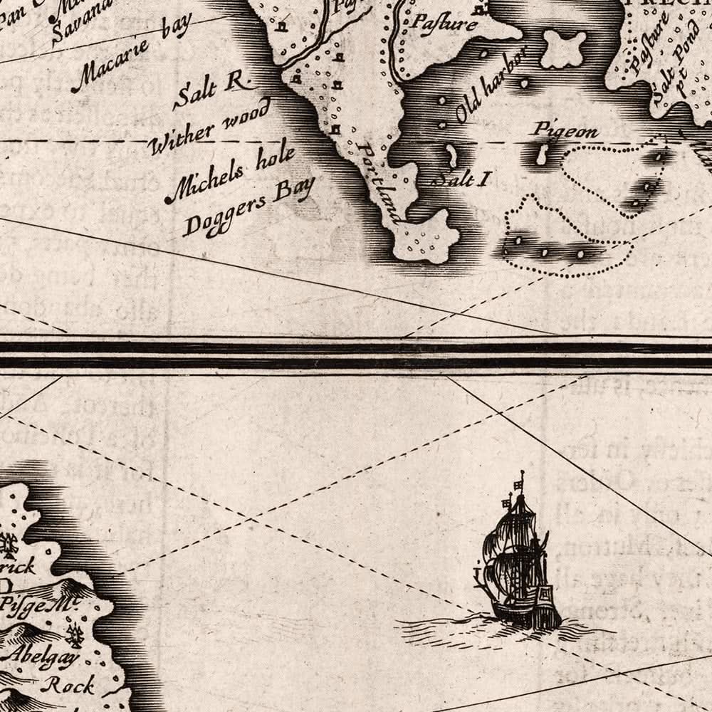Ancienne carte de la Jamaïque et de la Barbade par Speed, 1676 : Port Royal, Bridgetown, montagnes, navires 