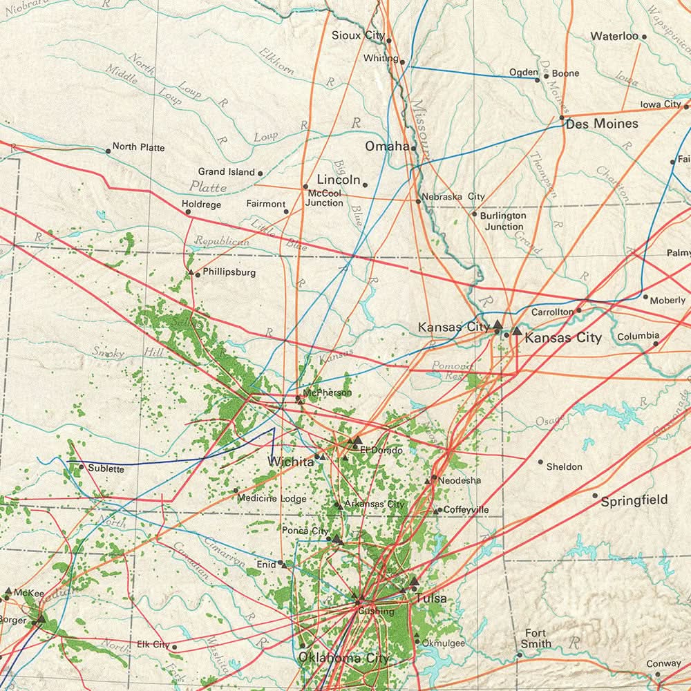 Carte des anciennes infrastructures pétrolières des États-Unis, 1966 : Pipelines, Raffineries, Topographie, Flux de pétrole 