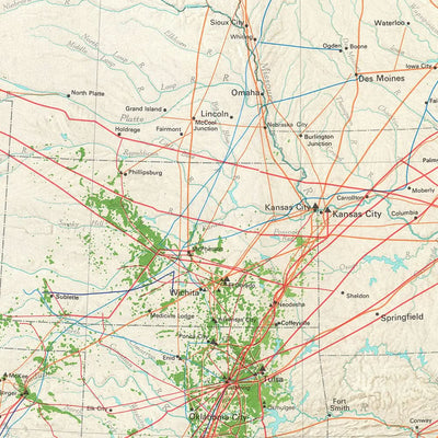 Carte des anciennes infrastructures pétrolières des États-Unis, 1966 : Pipelines, Raffineries, Topographie, Flux de pétrole 