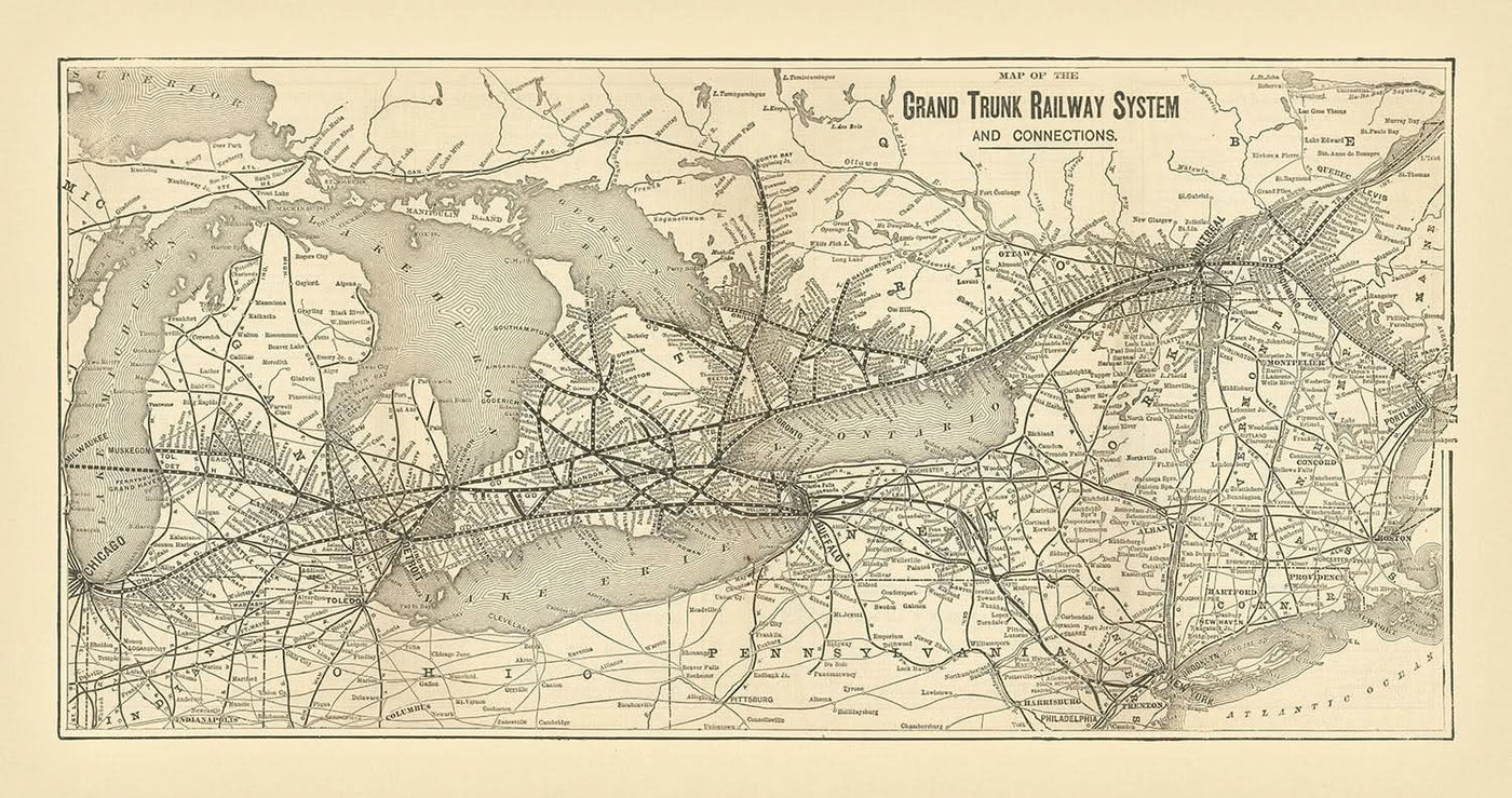 Old Map of the Grand Trunk Railway, 1898: Toronto, Chicago, Niagara Falls, Ontario, Quebec
