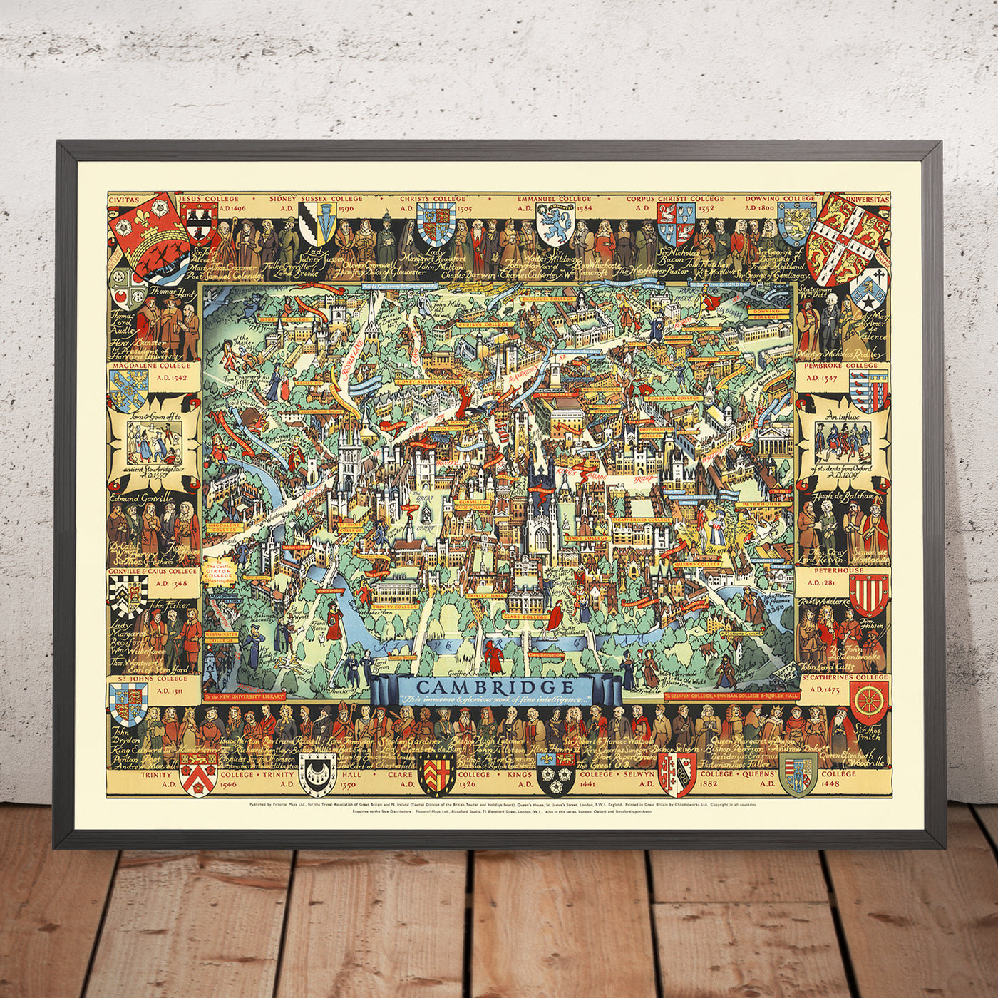 Old Pictorial Map of Cambridge by Lee, 1948: King's College, River Cam, Bridge of Sighs, Trinity College, St. John's