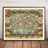 Ancienne carte picturale de Cambridge par Lee, 1948 : King's College, rivière Cam, Pont des Soupirs, Trinity College, St. John's 