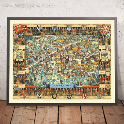 Old Pictorial Map of Cambridge by Lee, 1948: King's College, River Cam, Bridge of Sighs, Trinity College, St. John's