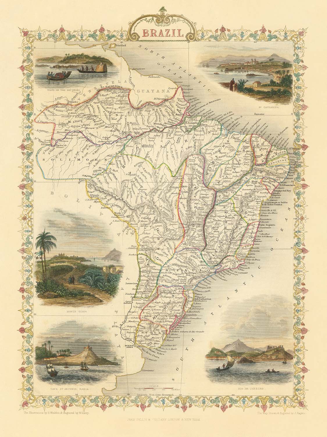 Old Map of Brazil by Tallis, 1851: Amazon River, Rio de Janeiro, São Paulo, Salvador, Atlantic Coast
