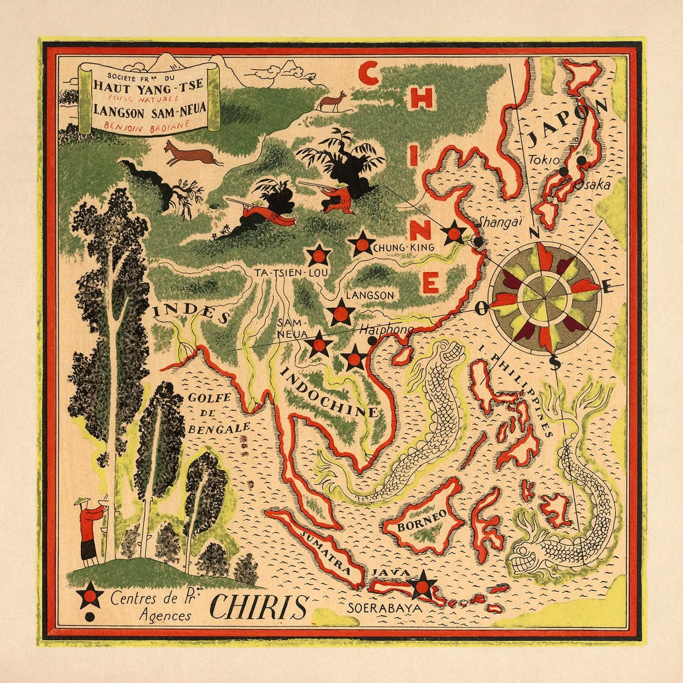 Alter bildlicher Stadtplan von China von Mazuyer, 1931: Shanghai, Drachen, Golf von Bengalen, Indochina 