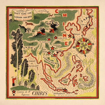 Alter bildlicher Stadtplan von China von Mazuyer, 1931: Shanghai, Drachen, Golf von Bengalen, Indochina 
