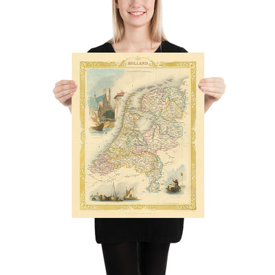 Old Map of the Netherlands by Tallis, 1851: Amsterdam, Rotterdam, Rhine, Zuider Zee, Vignettes
