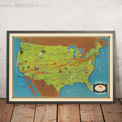 Ancienne carte de la compagnie aérienne TWA des États-Unis, 1948 : NYC, LA, Chicago, itinéraires TWA 