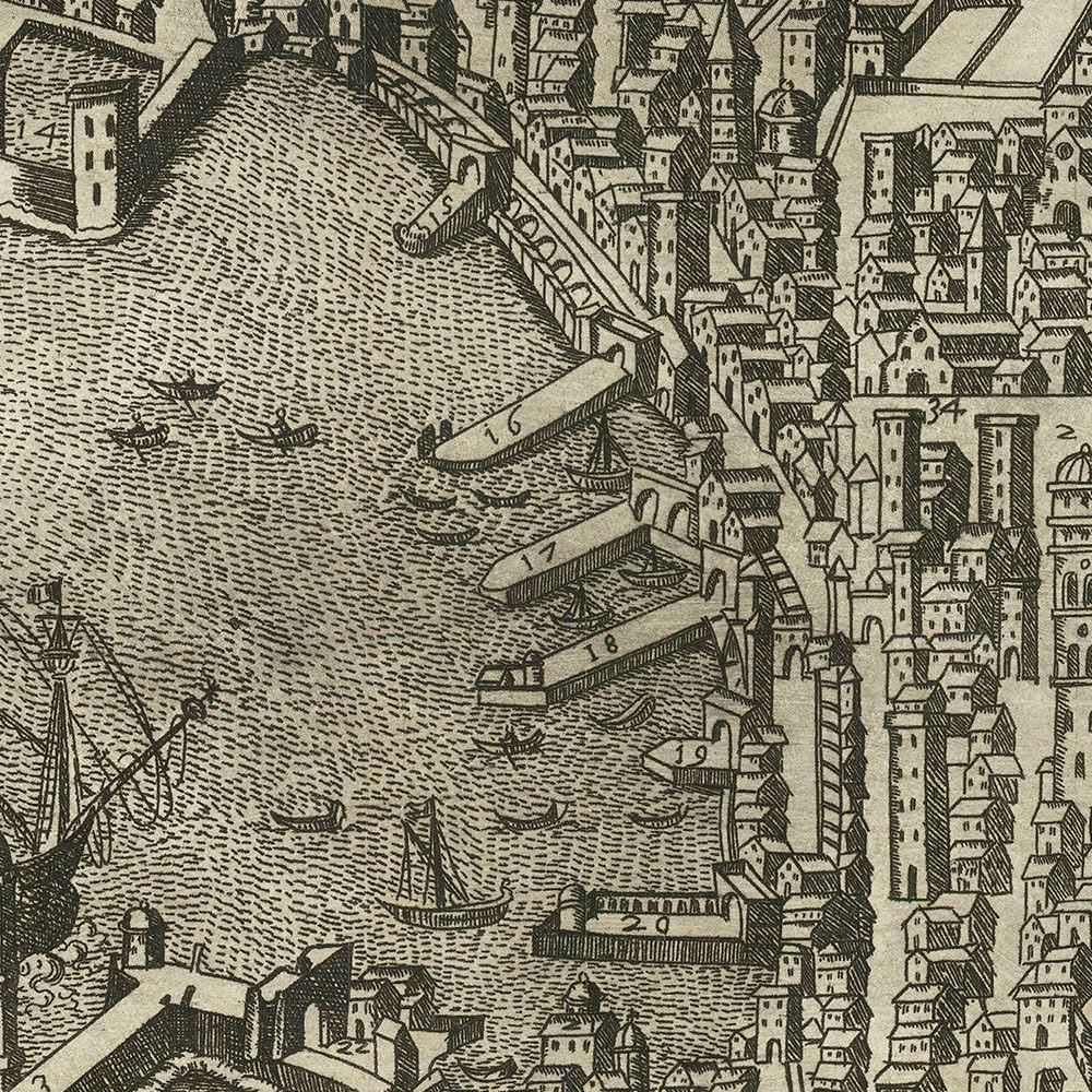 Old Pictorial Map of Genoa by Duchetti, 1584: Harbor, Laterna, Ships