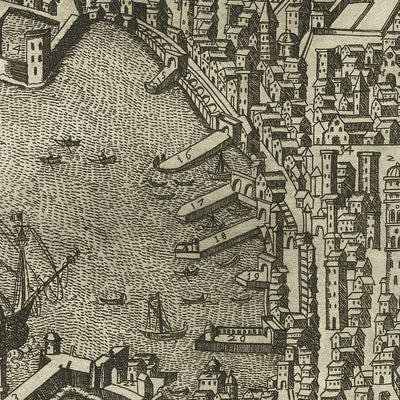 Old Pictorial Map of Genoa by Duchetti, 1584: Harbor, Laterna, Ships