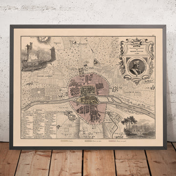 Old Map of Medieval Paris by Vuillemin, 1869: Notre-Dame, Île de la Cité, Seine, Louvre, City Walls