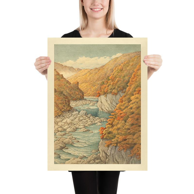 Herbstbäume und felsiger Fluss von Hasui Kawase, 1935 