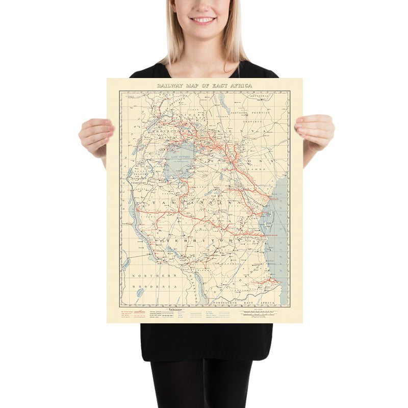 Old Railway Map of East Africa, 1956: Lake Victoria, Kilimanjaro, Kenya, Tanganyika, Uganda