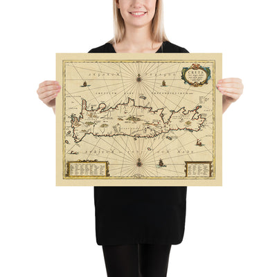 Old Map of Crete by Jansson, 1650: Cydonia, Knossos, Sea Monster, Maritime Vessels,