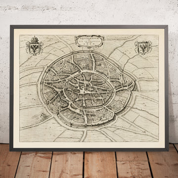 Antike Vogelschaulkarte von Aachen von Blaeu, 1652: Dom, Rathaus, Markt, Wurm & Mühlen, Mauern & Tore 