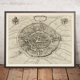 Antica mappa a volo d’uccello di Aachen di Blaeu, 1652: Cattedrale, Rathaus, mercato, Wurm e mulini, mura e porte 