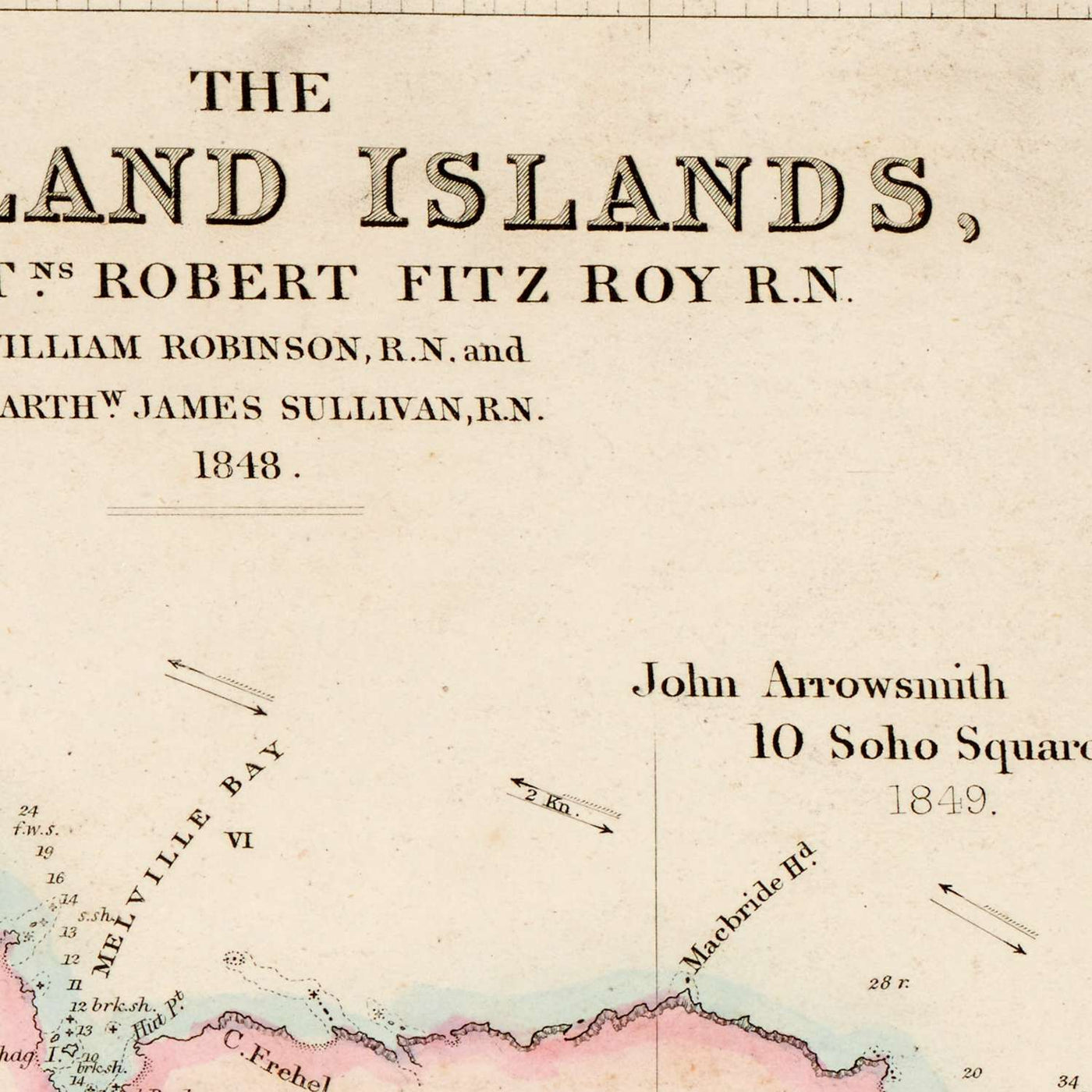 Mapa antiguo de las Islas Malvinas por Arrowsmith, 1848: Puerto Stanley, Bahía Charlotte, Puerto Ross, Inset Mundo 