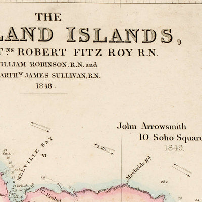 Mapa antiguo de las Islas Malvinas por Arrowsmith, 1848: Puerto Stanley, Bahía Charlotte, Puerto Ross, Inset Mundo 