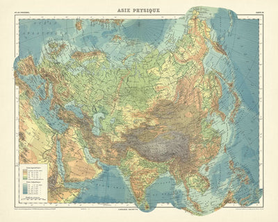 Old Physical Map of Asia by Schrader, 1931: Vivid Relief, Paris Meridian