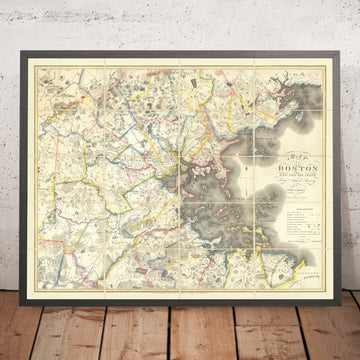 Prima grande mappa antica della Grande Boston di Hales, 1819: Cambridge, Salem, Harvard, Boston Sound 