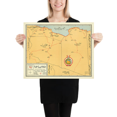 Ancienne carte de la Libye, 1960 : Benghazi, Tripoli, Cyrénaïque, Routes, Mer Méditerranée 
