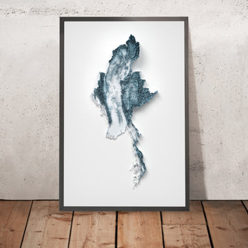 A framed image of a 3D style topographic relief map ofMyanmar