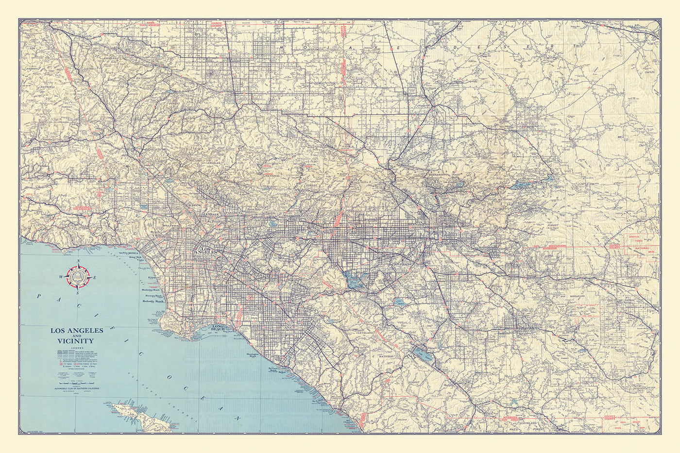 Large Old Los Angeles Road Map, 1945: Automobile Club of Southern California, Hollywood, Beverly Hills, Route 66