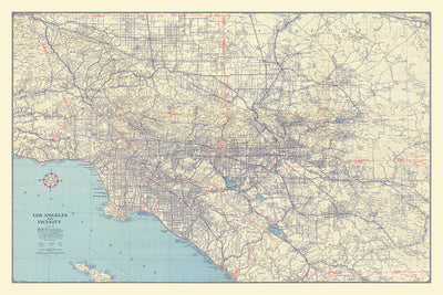 Large Old Los Angeles Road Map, 1945: Automobile Club of Southern California, Hollywood, Beverly Hills, Route 66