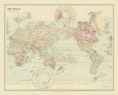 Antigua carta mundial de Mercator del Imperio Británico por Stanford, 1894: Centrada en el Pacífico 