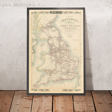 Old Railway Map of Great Britain by Tallis, 1850: London, Liverpool, Manchester, Steamboat Routes, Ornate Borders