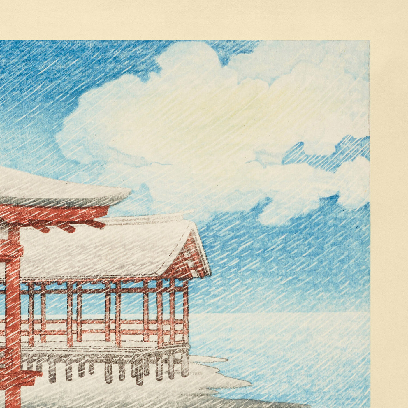 Un beau ciel d'hiver et neige à Miyajima par Hasui Kawase, 1935 