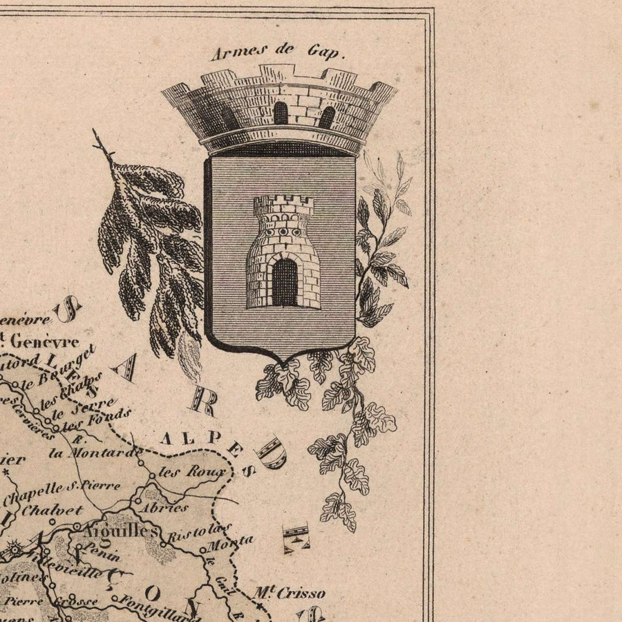 Antica mappa delle Hautes-Alpes di Vuillemin, 1869: Gap, Briançon, Embrun, cime alpine, stemmi 